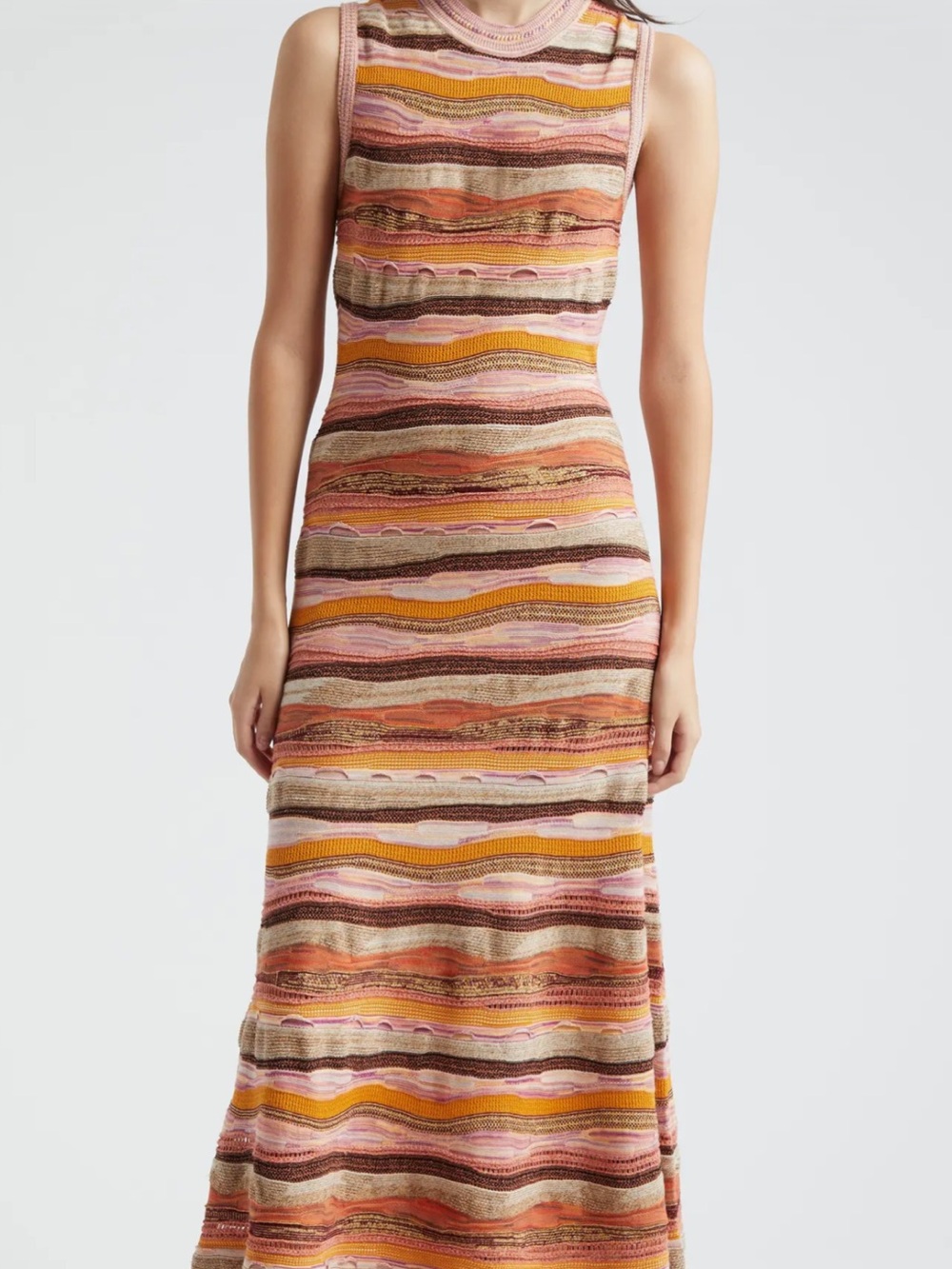 Ulla Johnson Fauna Knit Maxi Dress in Striped Pink, Orange & Tan